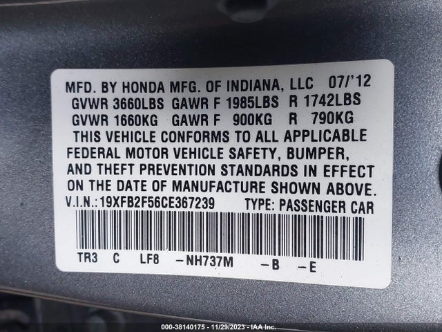 2012 HONDA CIVIC LX VIN: 19XFB2F56CE367239