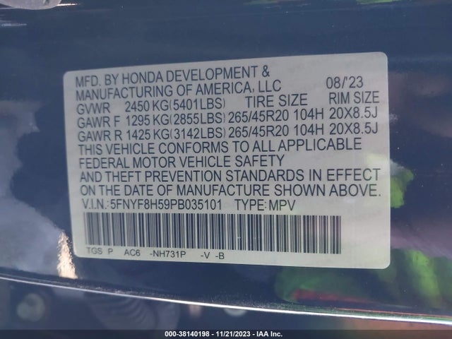 Honda Passport Awd Ex-l 2023 5FNYF8H59PB035101 Image 9