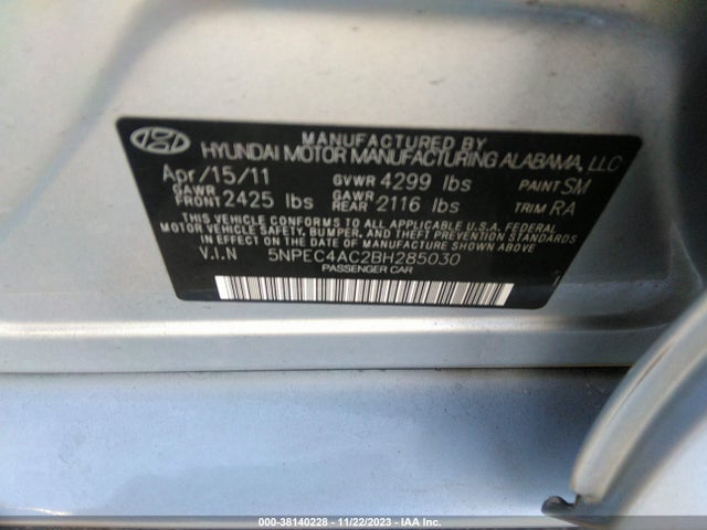 2011 HYUNDAI SONATA SE VIN: 5NPEC4AC2BH285030