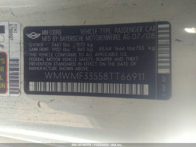 2008 MINI COOPER WMWMF33558TT66911 Photo 8
