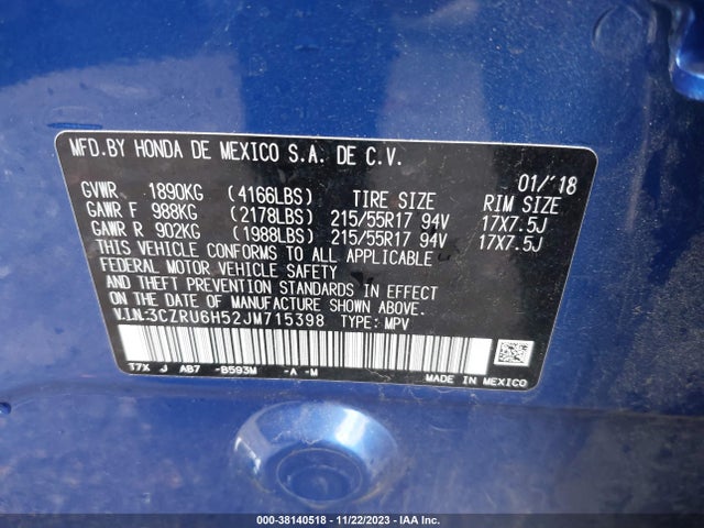 2018 HONDA HR-V EX VIN: 3CZRU6H52JM715398