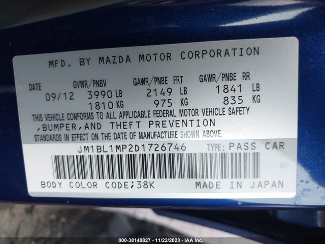 2013 MAZDA MAZDA3 I GRAND TOURING VIN: JM1BL1MP2D1726746
