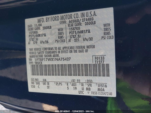 2001 FORD F-150 XLT/XL VIN: 1FTRF17WX1NA75427