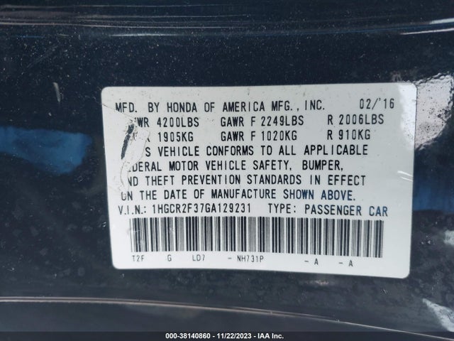 Honda ACCORD LX 2016 1HGCR2F37GA129231 Image 9