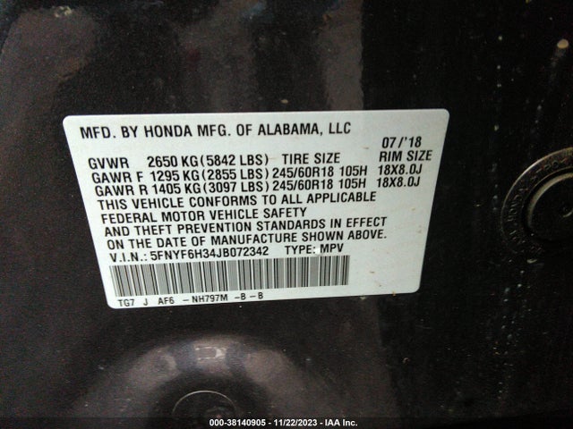 Honda Pilot Ex 2018 5FNYF6H34JB072342 Image 9
