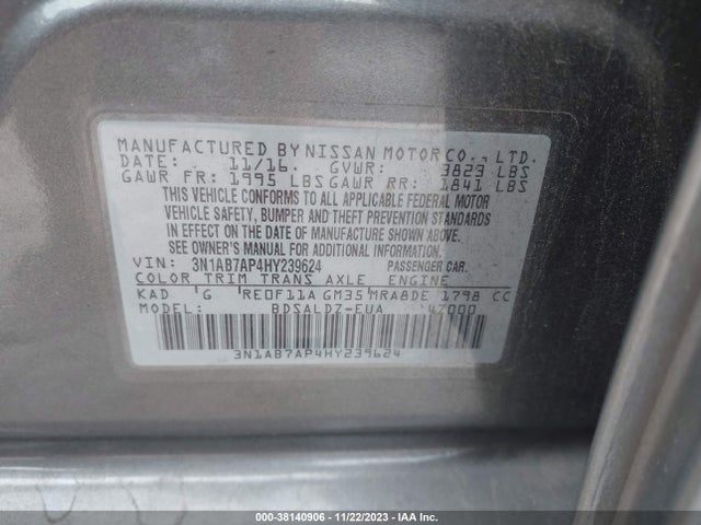 2017 NISSAN SENTRA SV VIN: 3N1AB7AP4HY239624