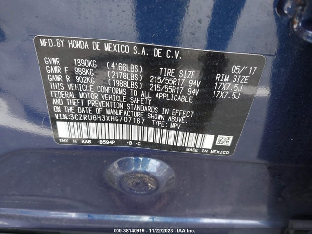 2017 HONDA HR-V LX VIN: 3CZRU6H3XHG707167