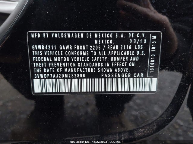 2013 VOLKSWAGEN JETTA 2.5L SE VIN: 3VWDP7AJ2DM282896