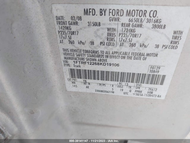2008 FORD F-150 XLT/STX/XL VIN: 1FTRF12268KD19106