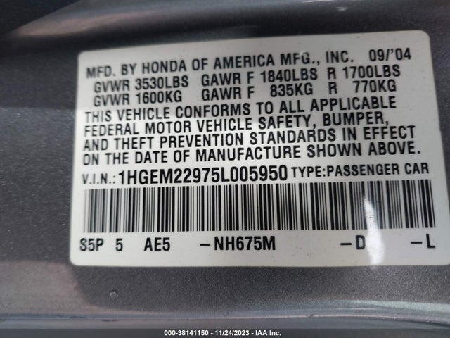 2005 HONDA CIVIC EX VIN: 1HGEM22975L005950