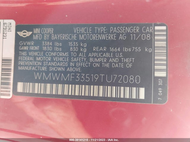 2009 MINI COOPER WMWMF33519TU72080 Photo 8