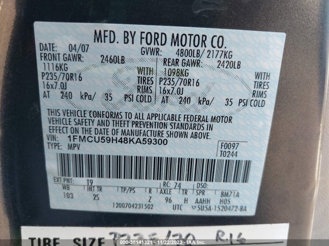 2008 FORD ESCAPE HYBRID VIN: 1FMCU59H48KA59300