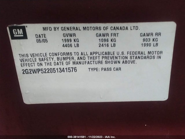 2005 PONTIAC GRAND PRIX VIN: 2G2WP522051341576