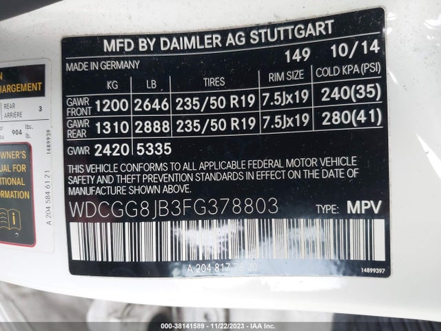 2015 MERCEDES-BENZ GLK 350 VIN: WDCGG8JB3FG378803