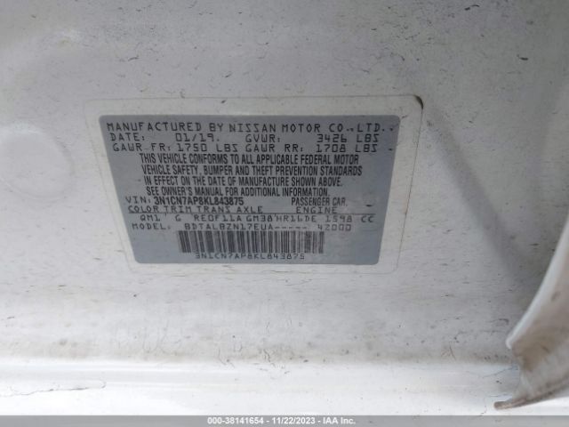 3N1CN7AP8KL843875 Nissan Versa 1.6 Sv
