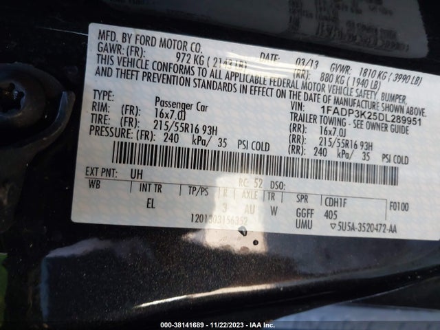 2013 FORD FOCUS SE VIN: 1FADP3K25DL289951