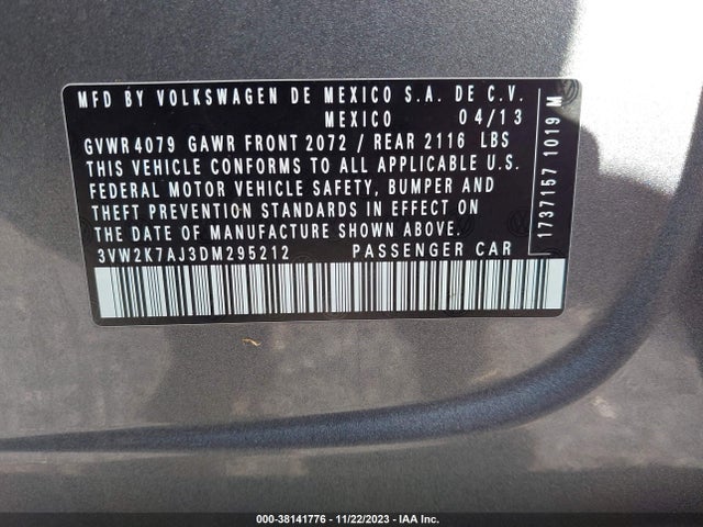 2013 VOLKSWAGEN JETTA 2.0L S VIN: 3VW2K7AJ3DM295212