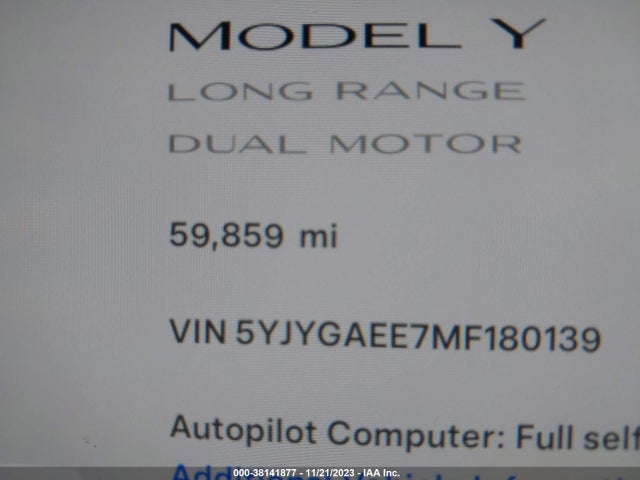 2021 TESLA MODEL Y LONG RANGE DUAL MOTOR ALL-WHEEL DRIVE VIN: 5YJYGAEE7MF180139