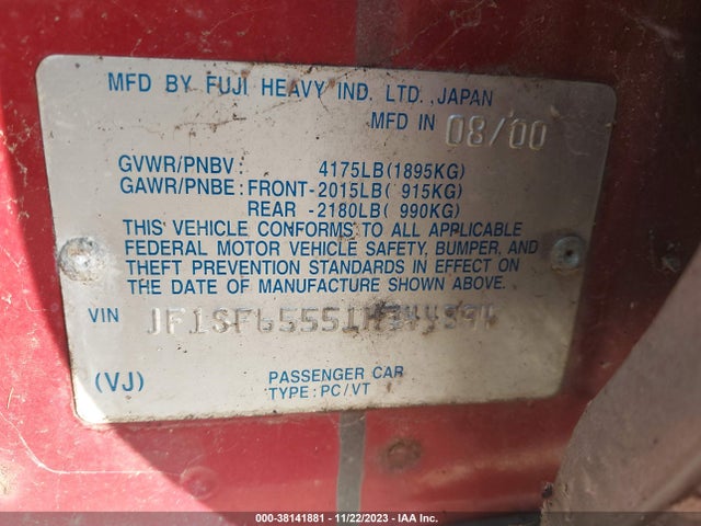Aukcja sprzedaży 2001 Subaru Forester S, vin: JF1SF65551H744894, numer aukcji: 38141881