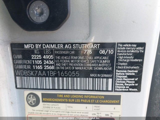 2011 MERCEDES-BENZ SL 63 AMG VIN: WDBSK7AA1BF165055