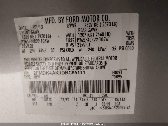 2013 FORD EDGE SPORT VIN: 2FMDK4AK1DBC65111