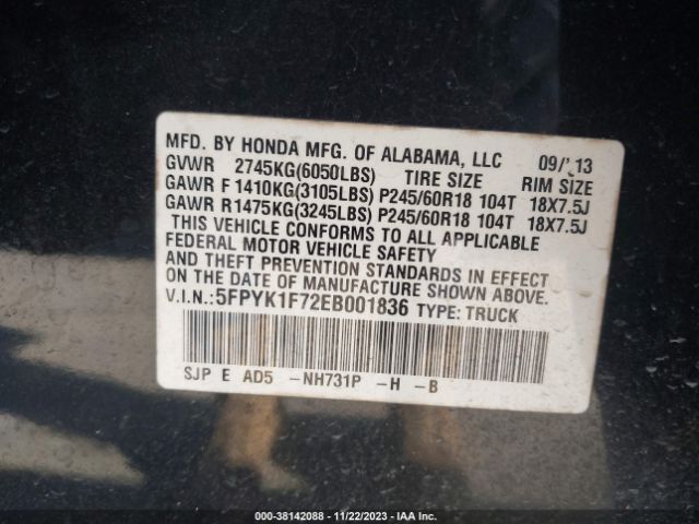 5FPYK1F72EB001836 Honda Ridgeline Sport