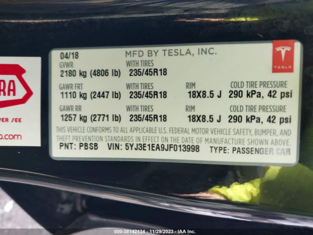 5YJ3E1EA9JF013998 Tesla Model 3 Mid Range/long Range