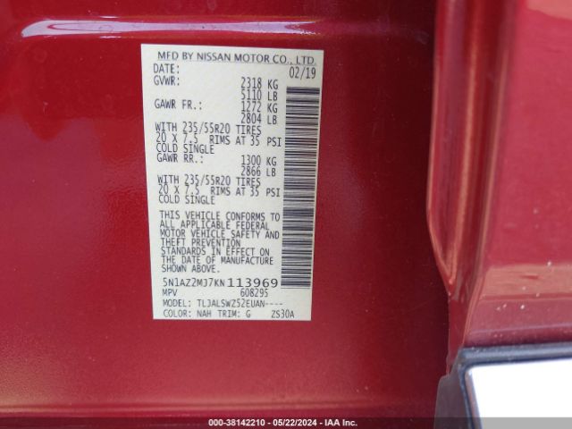 5N1AZ2MJ7KN113969 Nissan Murano Platinum