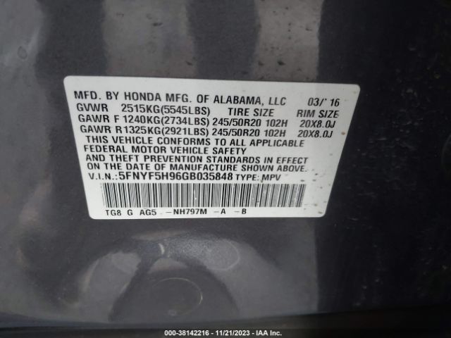 5FNYF5H96GB035848 Honda Pilot Touring