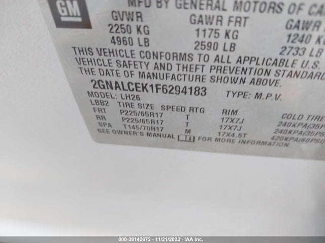 2015 CHEVROLET EQUINOX 2LT VIN: 2GNALCEK1F6294183