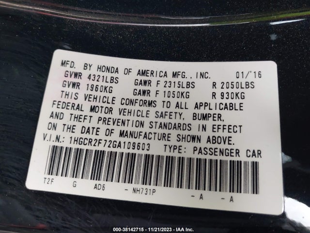 Honda ACCORD EX 2016 1HGCR2F72GA109603 Image 9