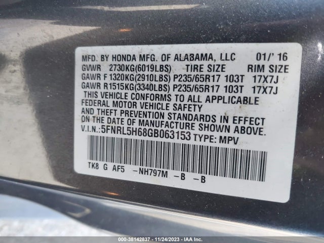 Honda Odyssey Ex-l 2016 5FNRL5H68GB063153 Image 9