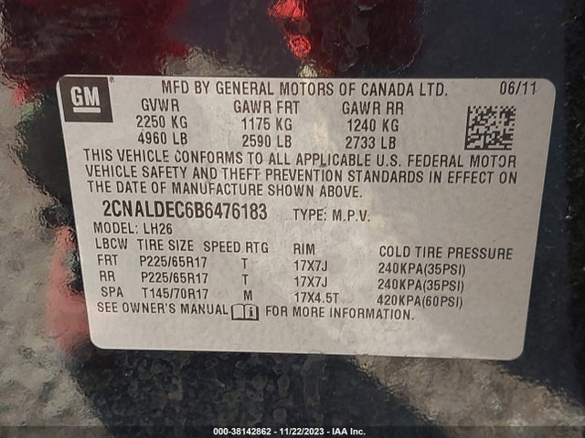 2011 CHEVROLET EQUINOX 1LT VIN: 2CNALDEC6B6476183