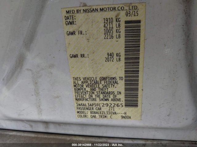 2015 NISSAN ALTIMA 2.5 S VIN: 1N4AL3AP5FC292265