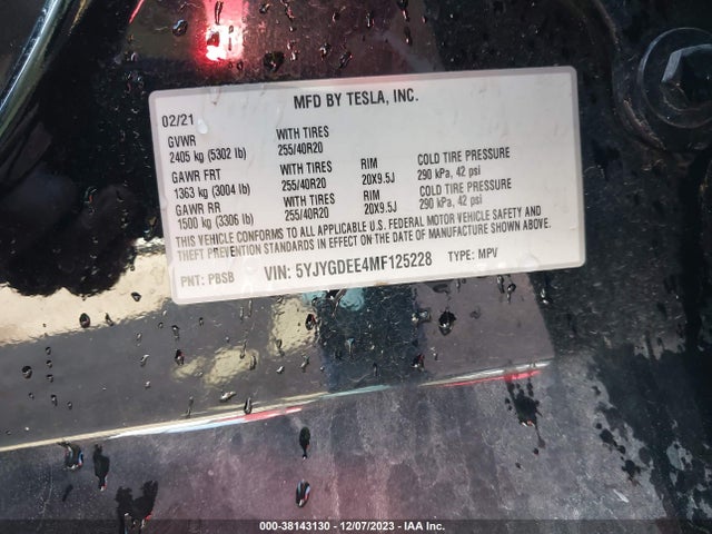 2021 TESLA MODEL Y LONG RANGE DUAL MOTOR ALL-WHEEL DRIVE VIN: 5YJYGDEE4MF125228