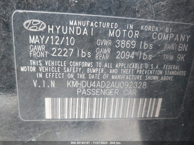 2010 HYUNDAI ELANTRA GLS VIN: KMHDU4AD2AU092328