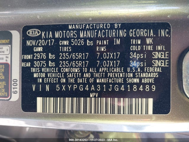 2018 KIA SORENTO 2.4L L VIN: 5XYPG4A31JG418489