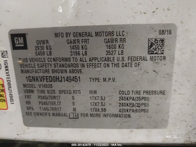 Chevrolet Traverse Ls 2017 1GNKVFED0HJ149451 Image 9