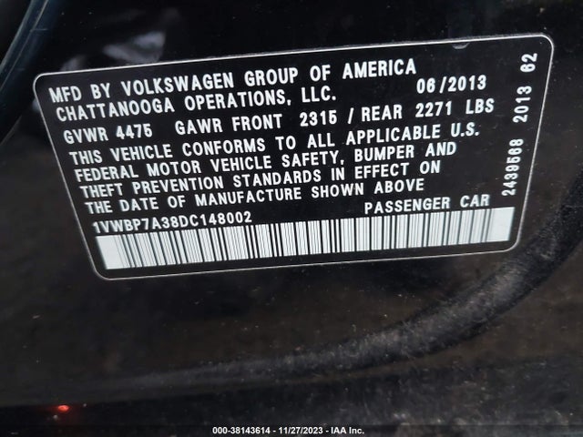 2013 VOLKSWAGEN PASSAT 2.5L SE VIN: 1VWBP7A38DC148002
