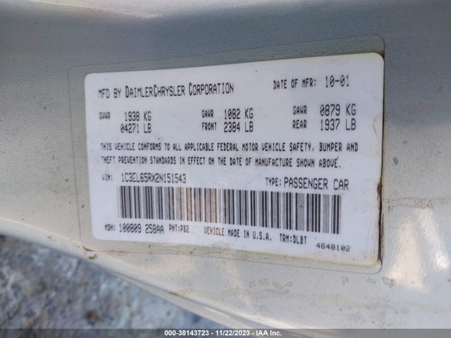 2002 CHRYSLER SEBRING LIMITED VIN: 1C3EL65RX2N151543