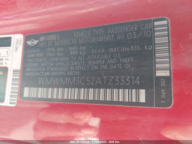 2010 MINI COOPER S CLUBMAN WMWMM3C52ATZ33314 Photo 8