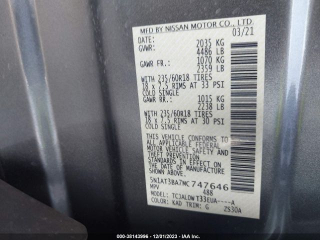 5N1AT3BA7MC747646 Nissan Rogue Sv Fwd