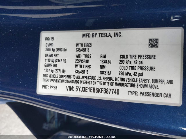 2019 TESLA MODEL 3 5YJ3E1EB6KF387740 Photo 8