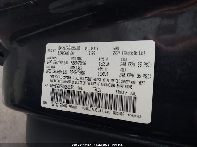 2007 DODGE DAKOTA SLT VIN: 1D7HE42P77S159933