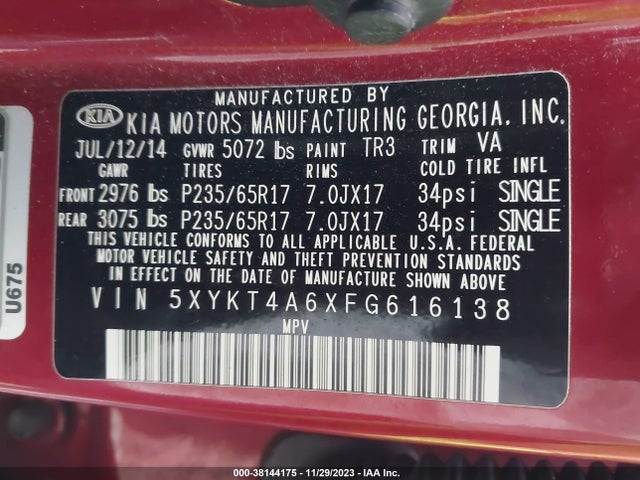 2015 KIA SORENTO LX VIN: 5XYKT4A6XFG616138