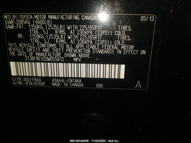 2013 TOYOTA RAV4 LE VIN: 2T3BFREV2DW055812