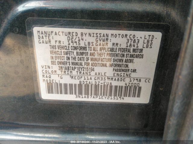 3N1AB7AP1EY215194 Nissan Sentra Fe+ S/fe+ Sv/s/sl/sr/sv