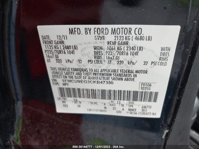 2012 FORD ESCAPE LIMITED VIN: 1FMCU9EG3CKB47350