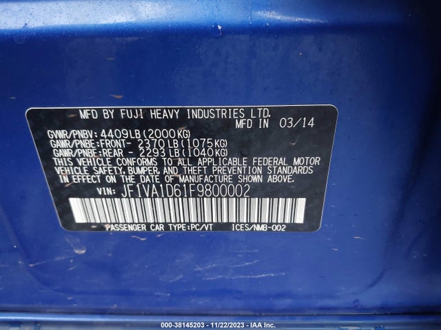 2015 Subaru Wrx Premium მანქანა იყიდება აუქციონზე, vin: JF1VA1D61F9800002, აუქციონის ნომერი: 38145203