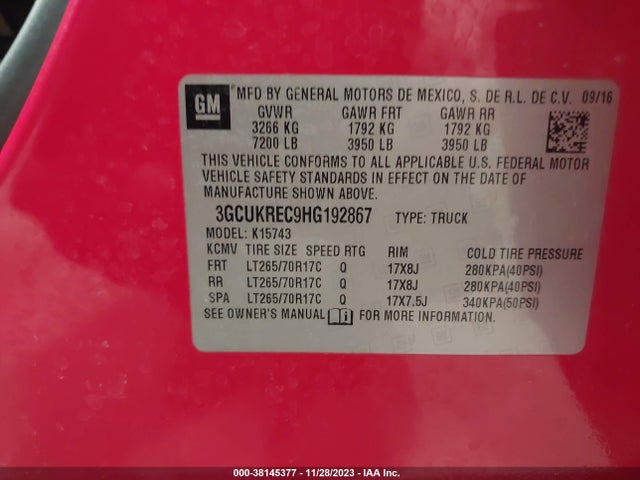 2017 CHEVROLET SILVERADO 1500 1LT VIN: 3GCUKREC9HG192867